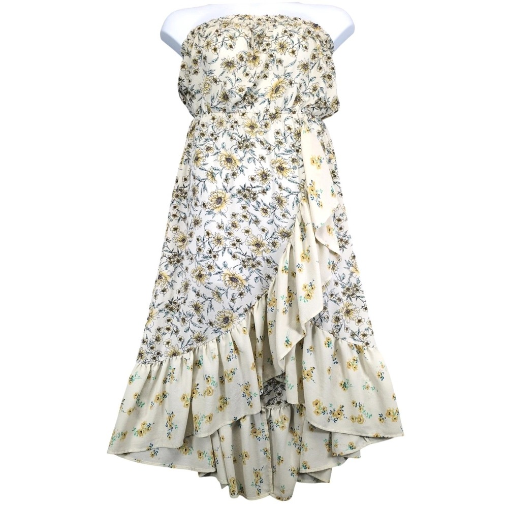 Liberty Love‎ Ivory Yellow Floral Hi-Low Midi Dress Sz XL Strapless Boho Ruffle